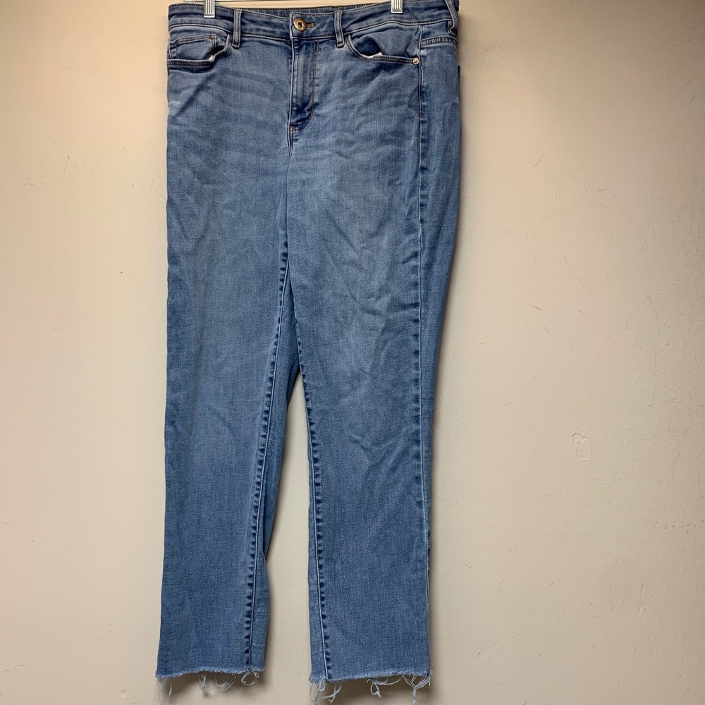 J. Jill Boyfriend Jeans Women 10T Blue Medium Wash Straight Ankle Raw Hem